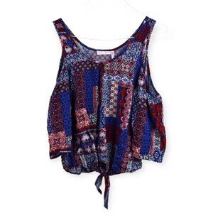 LUQ Shirt XS Womens Cold Shoulder Tie Front Flare Sleeve Boho Multicolor Cottage
